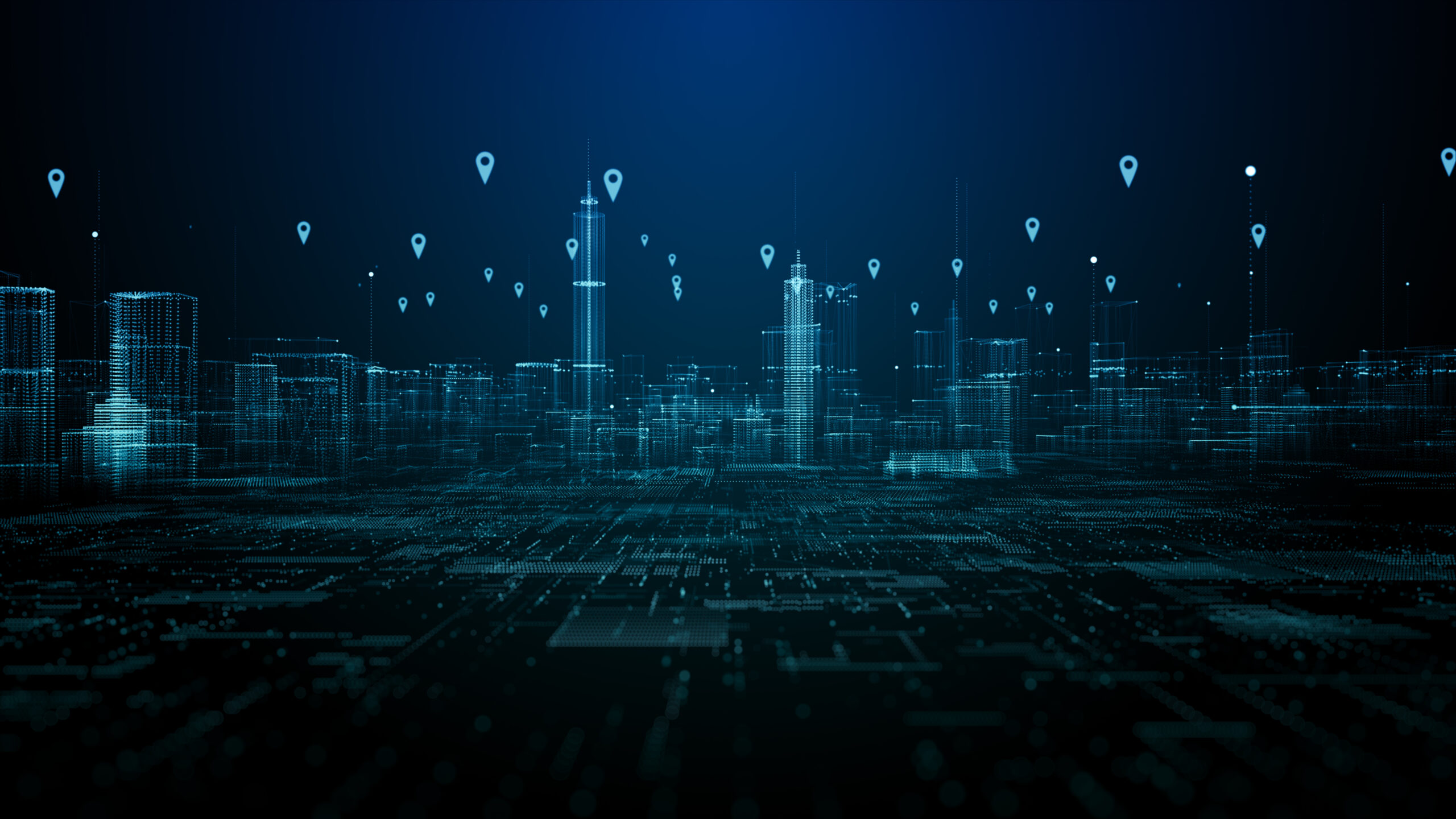 Cityscape location icons of GPS navigation, High speed internet connection and big data analysis, Technology digital data network connection background 3d rendering